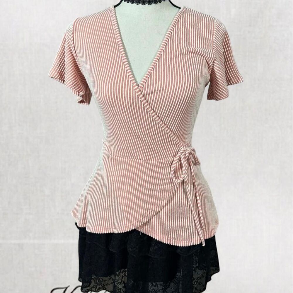 Babydoll Coquette Ribbed Light Pink V-neck Top with Tie